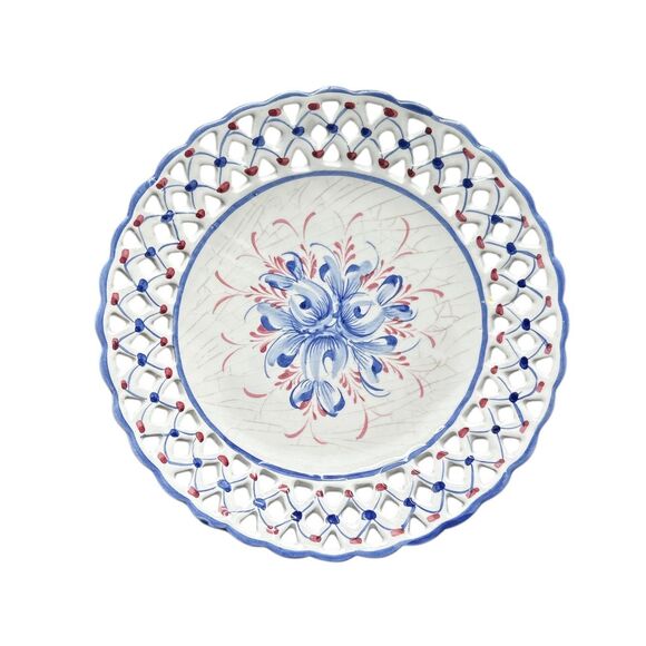 Signed White and Blue Hand Painted Lattice Rim Portugal Floral Plate - Picture 1 of 4